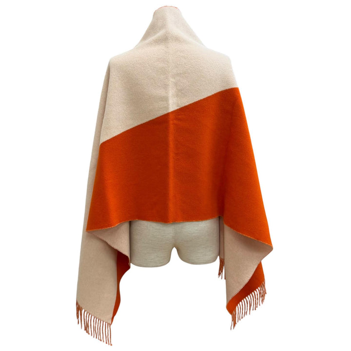 Excellent HERMES Stall Kazak Bicolor Fringe Large Scarf beige cashmere Women