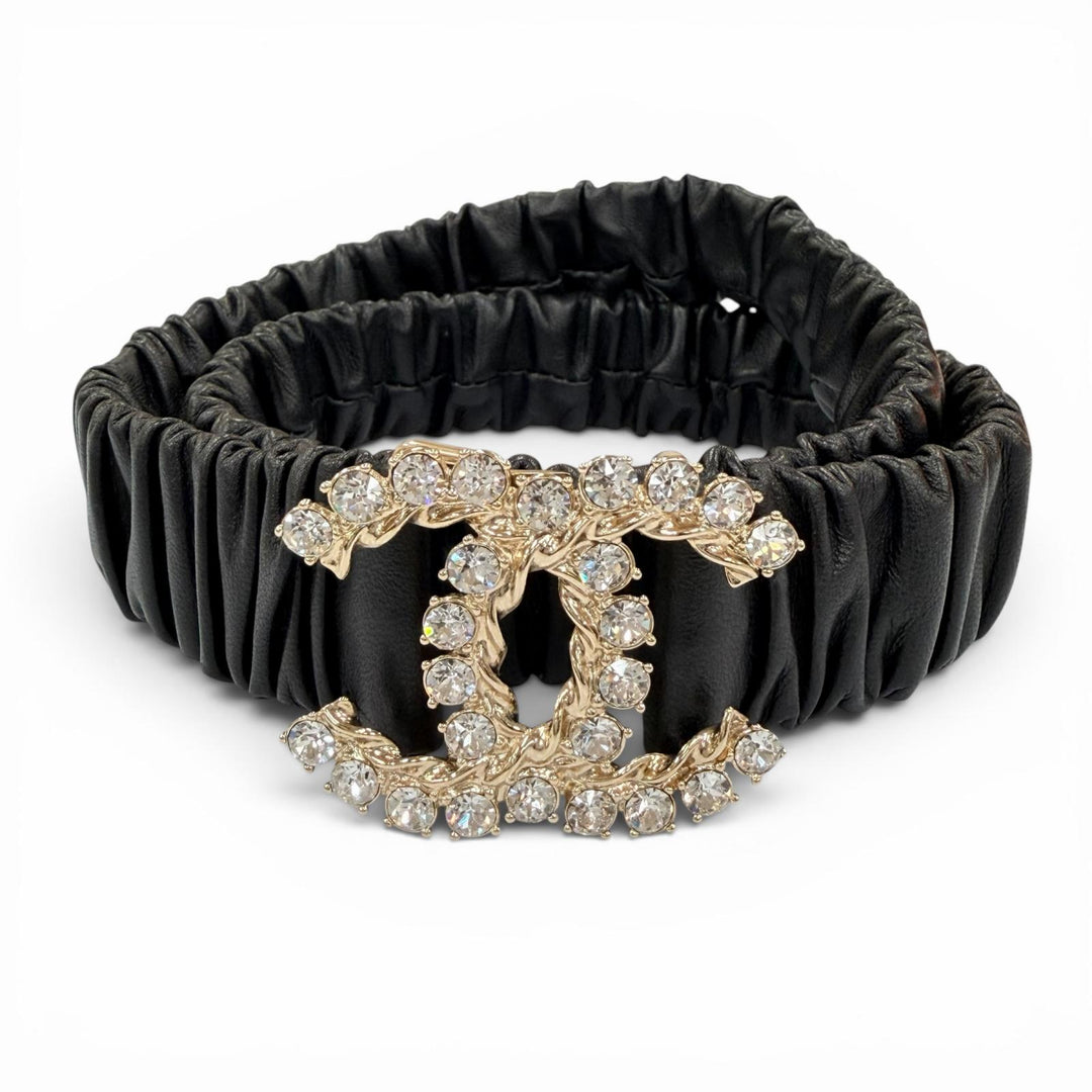 Excellent CHANEL belt COCO Mark Rhinestone Leather Rubber black Women B21C