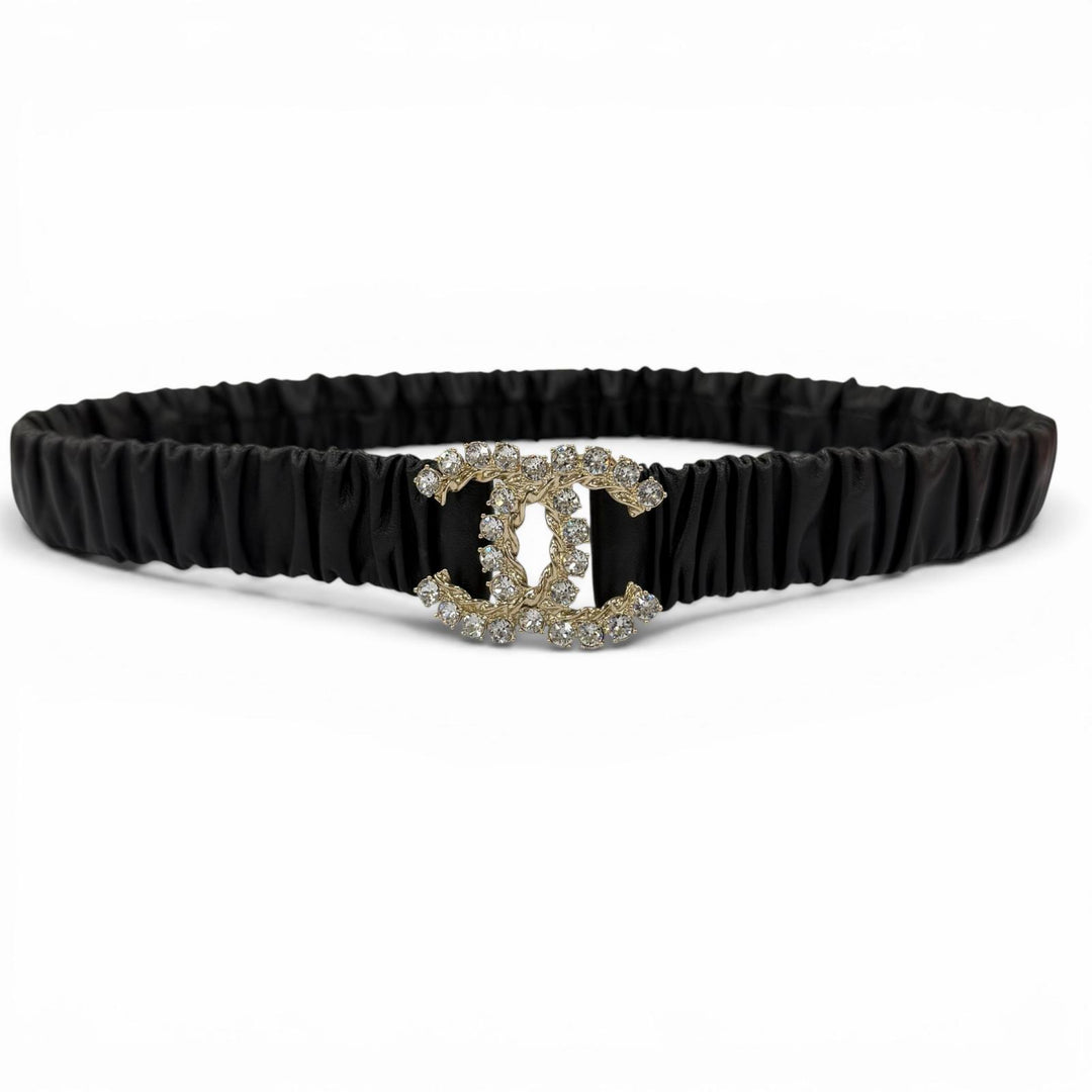 Excellent CHANEL belt COCO Mark Rhinestone Leather Rubber black Women B21C