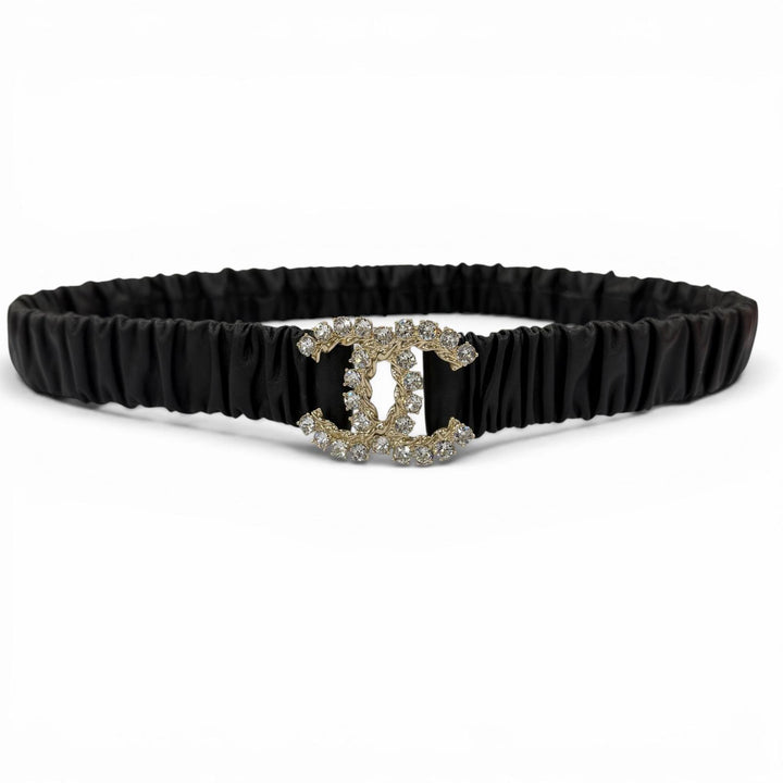 Excellent CHANEL belt COCO Mark Rhinestone Leather Rubber black Women B21C