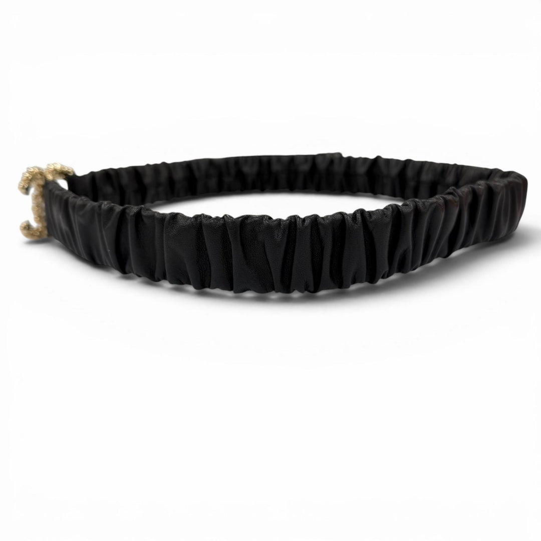 Excellent CHANEL belt COCO Mark Rhinestone Leather Rubber black Women B21C