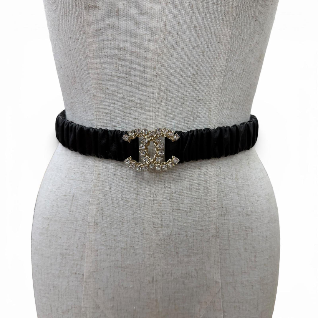 Excellent CHANEL belt COCO Mark Rhinestone Leather Rubber black Women B21C