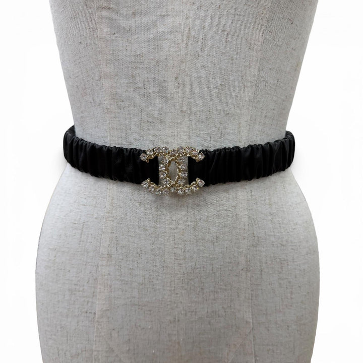 Excellent CHANEL belt COCO Mark Rhinestone Leather Rubber black Women B21C