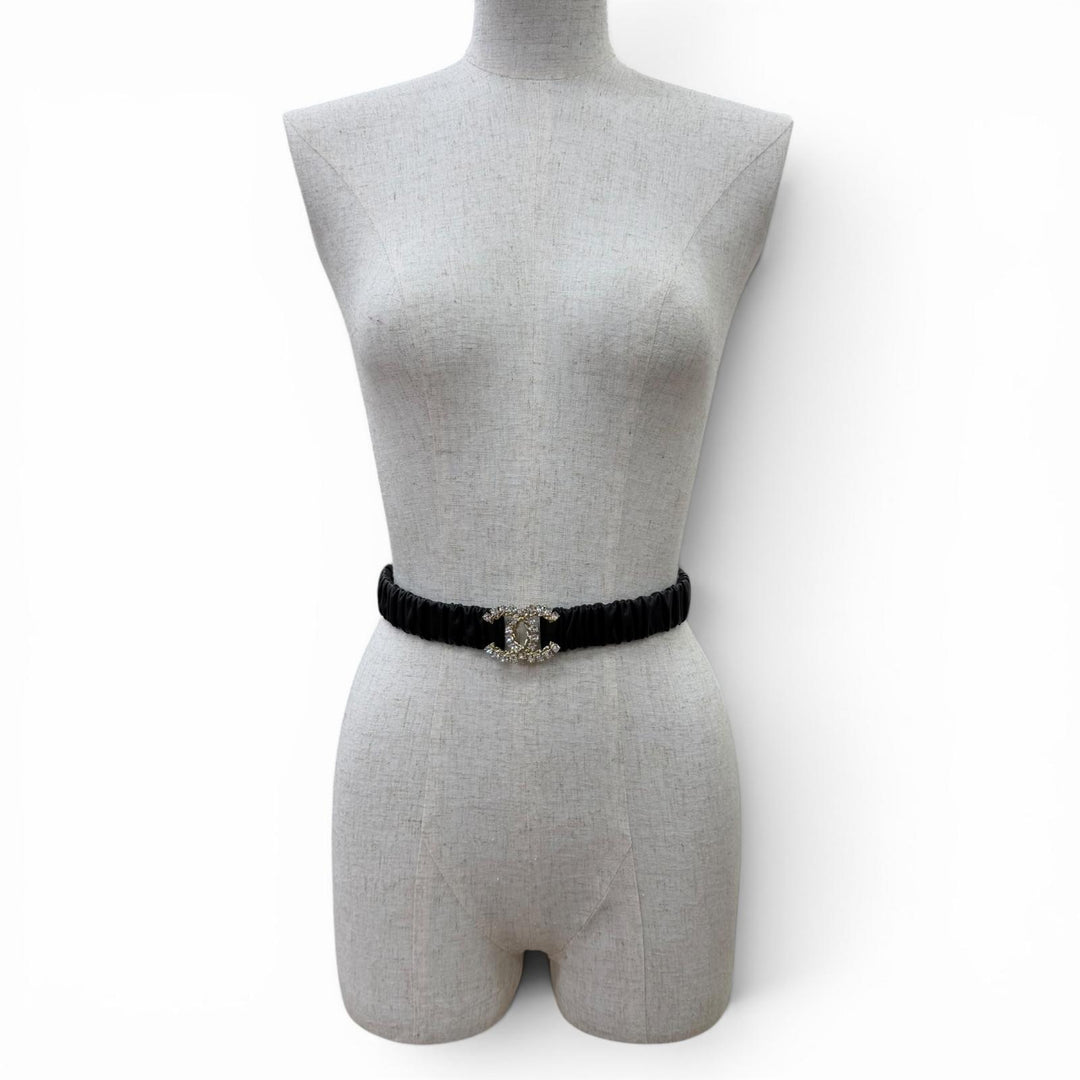 Excellent CHANEL belt COCO Mark Rhinestone Leather Rubber black Women B21C