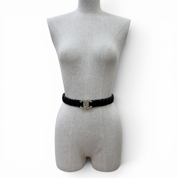 Excellent CHANEL belt COCO Mark Rhinestone Leather Rubber black Women B21C