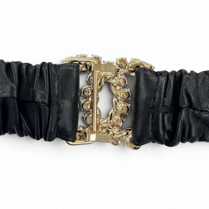 Excellent CHANEL belt COCO Mark Rhinestone Leather Rubber black Women B21C