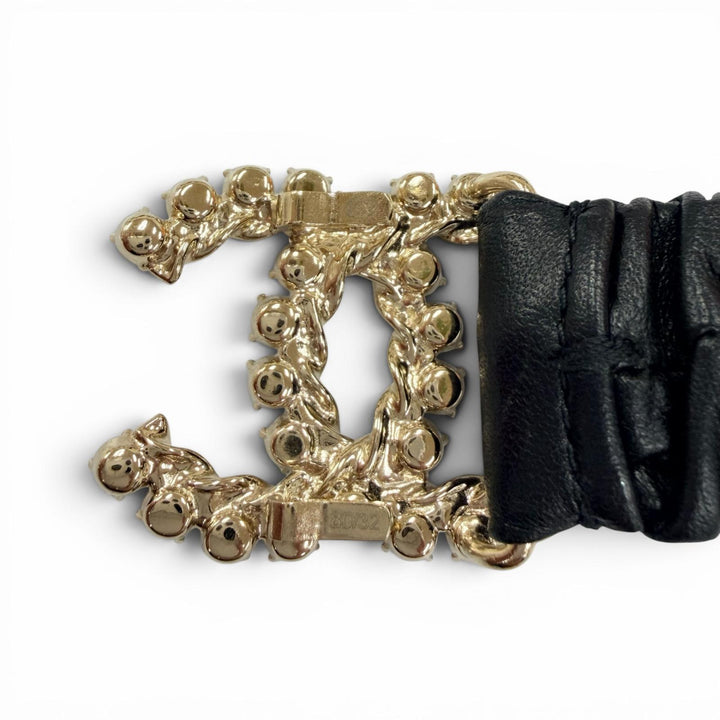 Excellent CHANEL belt COCO Mark Rhinestone Leather Rubber black Women B21C