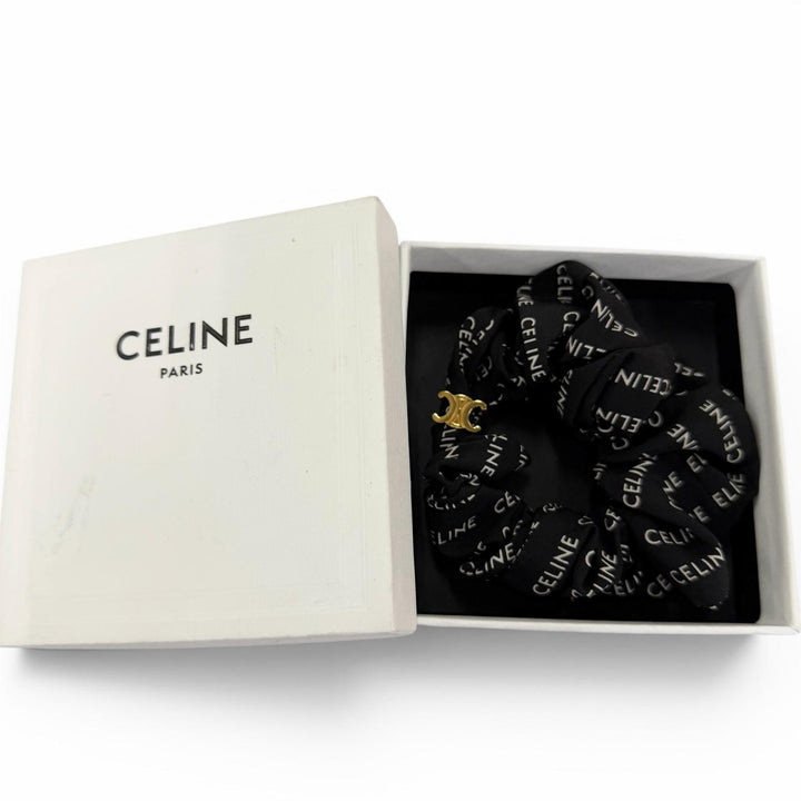 Great CELINE Shush Rayule Scrunchie Triomph logo black silk Women 46Y352SIB