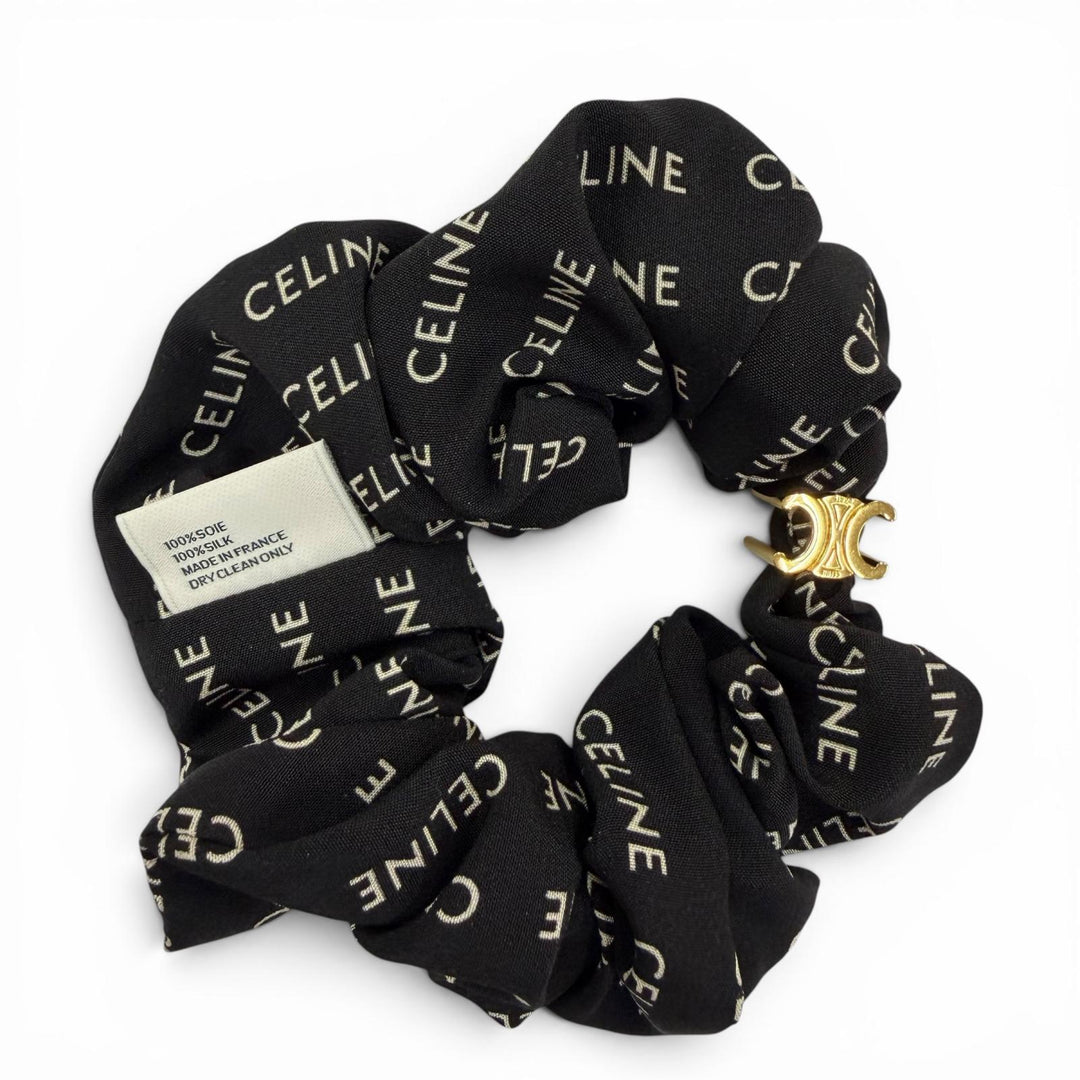 Great CELINE Shush Rayule Scrunchie Triomph logo black silk Women 46Y352SIB