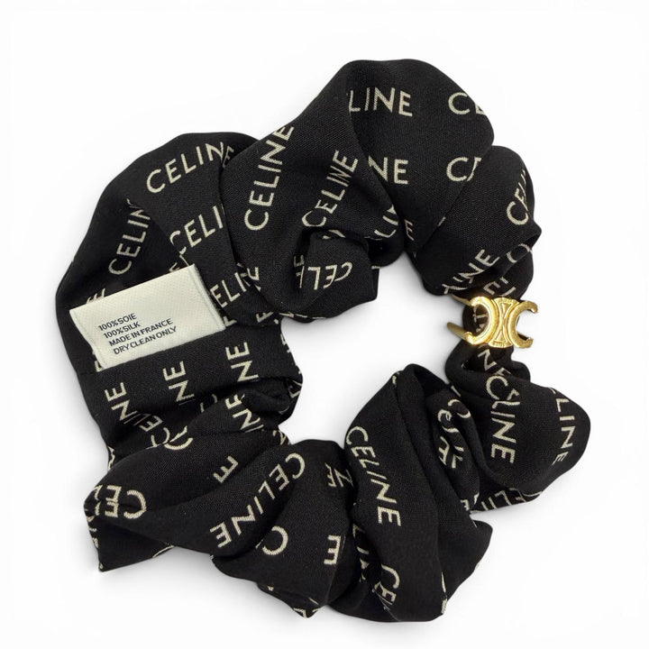 Great CELINE Shush Rayule Scrunchie Triomph logo black silk Women 46Y352SIB