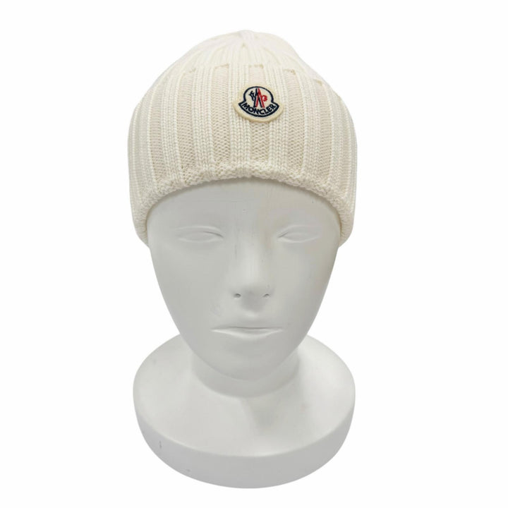 Pristine MONCLER Knit cap Beanie with logo patch Ivory wool Women