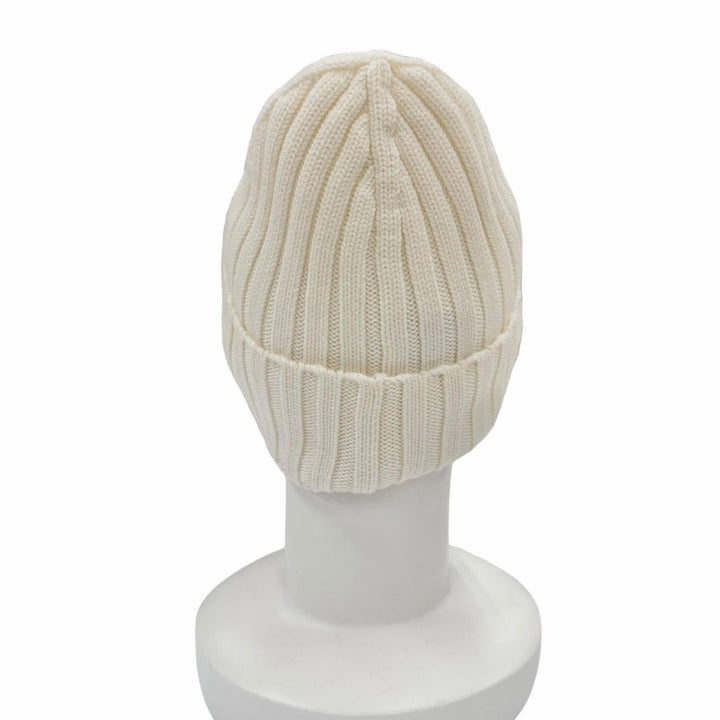 Pristine MONCLER Knit cap Beanie with logo patch Ivory wool Women