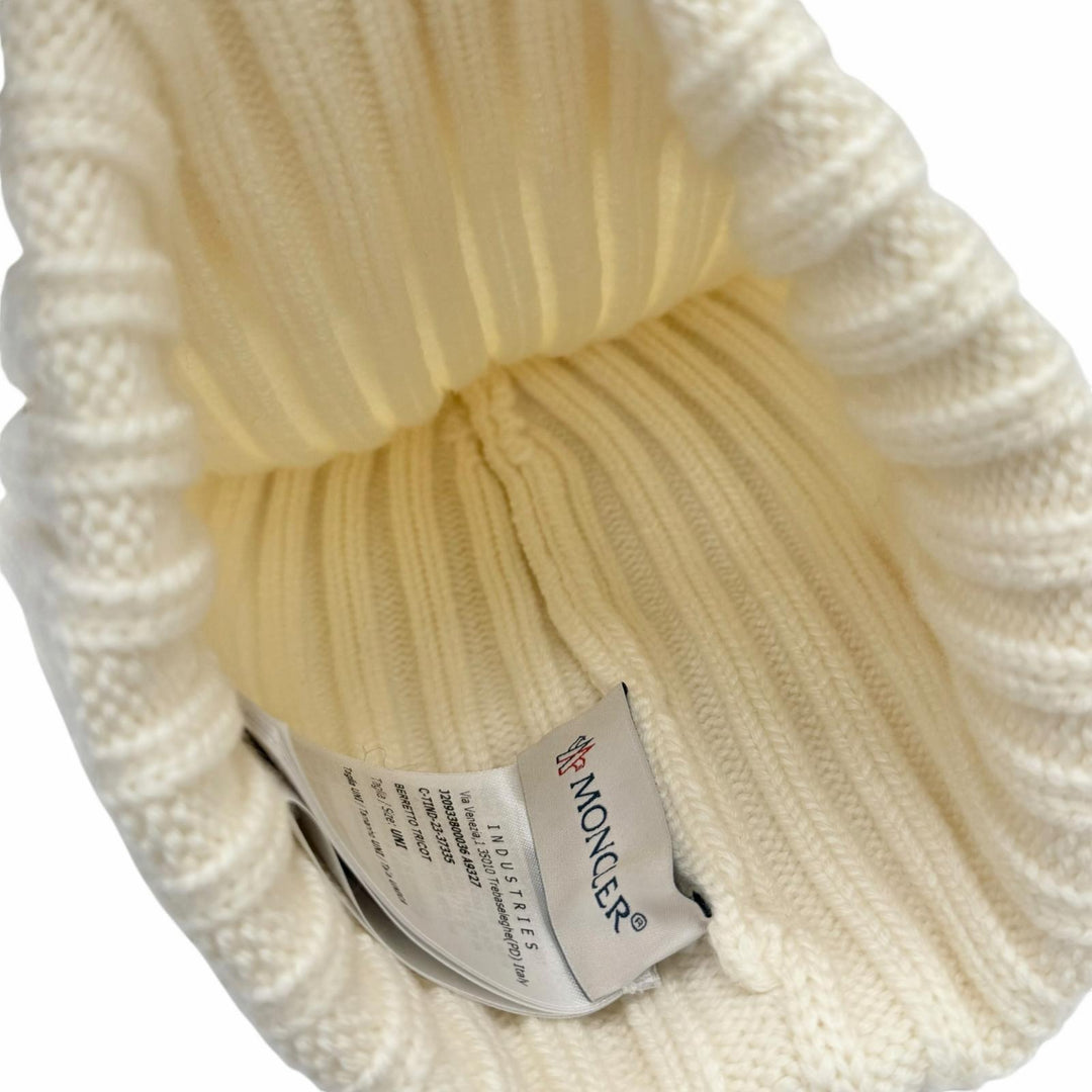 Pristine MONCLER Knit cap Beanie with logo patch Ivory wool Women