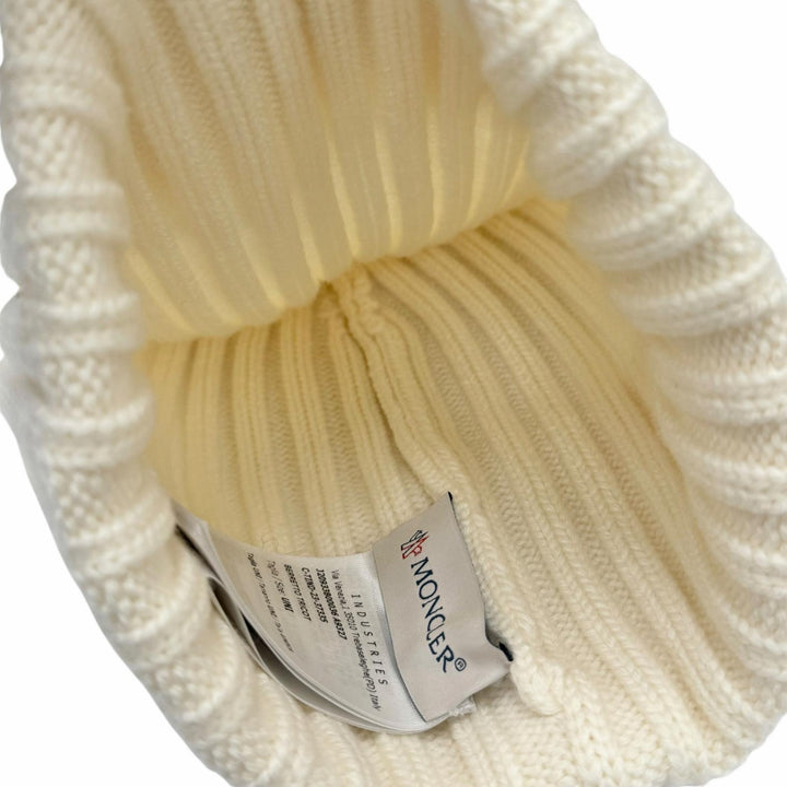 Pristine MONCLER Knit cap Beanie with logo patch Ivory wool Women