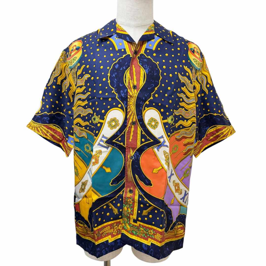 Pristine HERMES Short sleeve shirt CARPE DIEM Navy silk mens