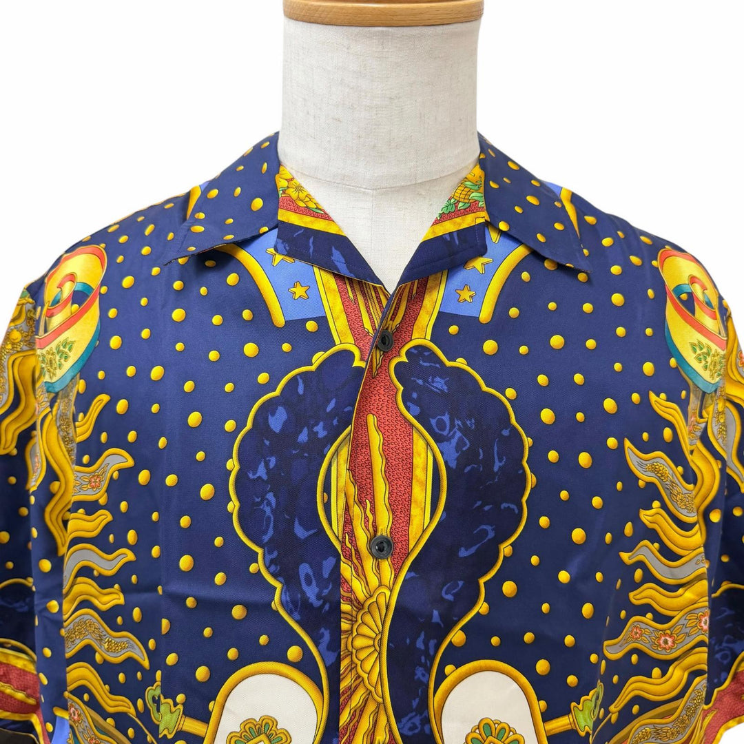 Pristine HERMES Short sleeve shirt CARPE DIEM Navy silk mens