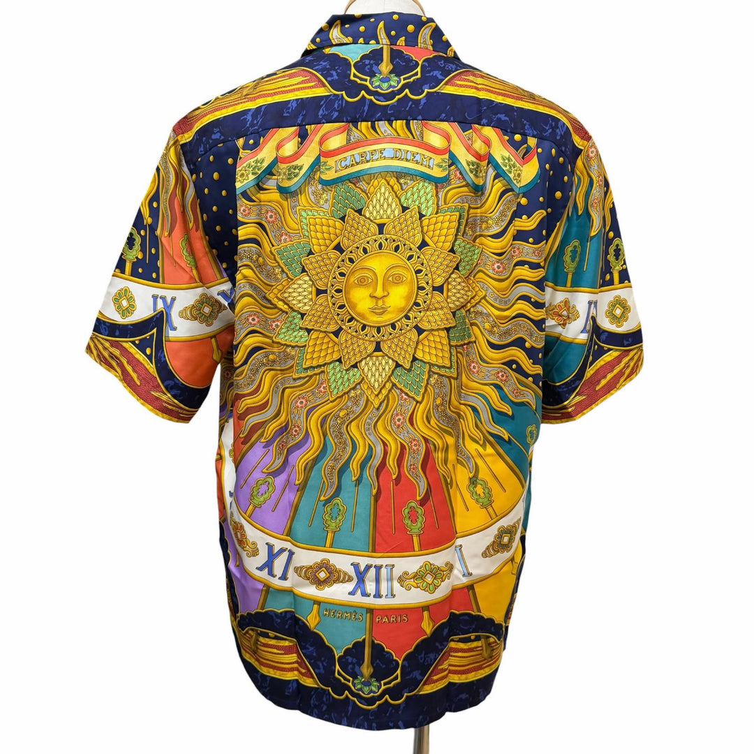 Pristine HERMES Short sleeve shirt CARPE DIEM Navy silk mens