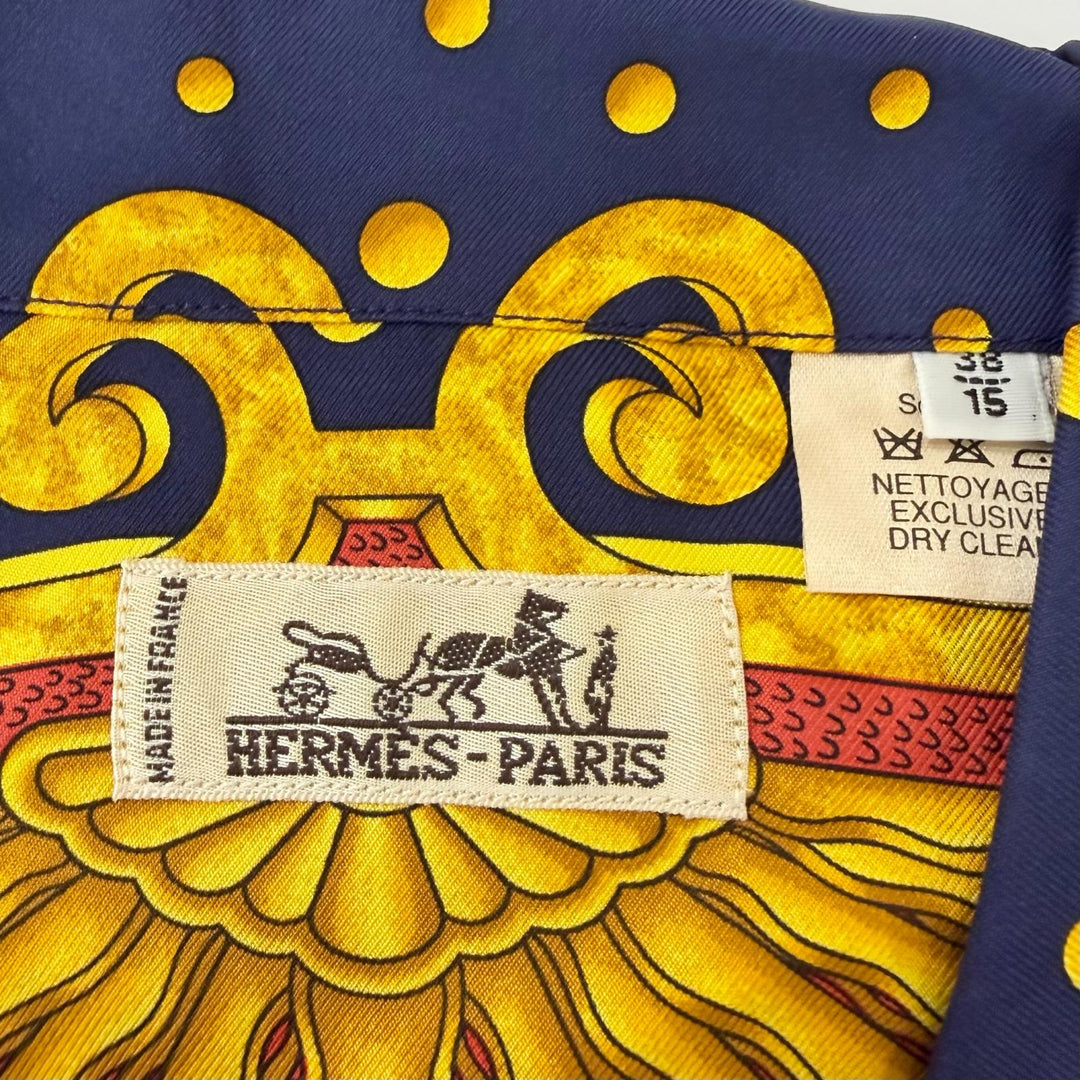 Pristine HERMES Short sleeve shirt CARPE DIEM Navy silk mens