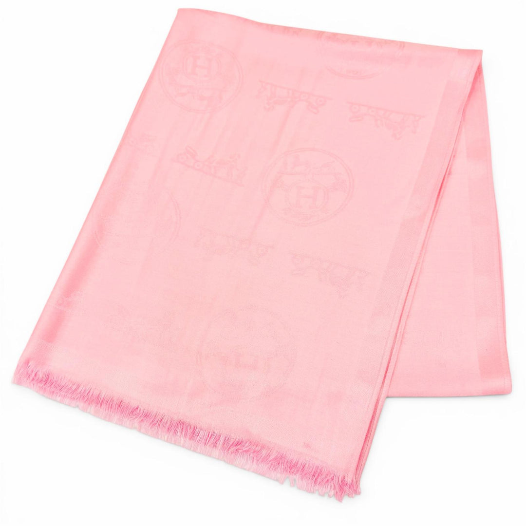Excellent HERMES shawl Logo design, mini fringe, cashmere, silk, stole, pink