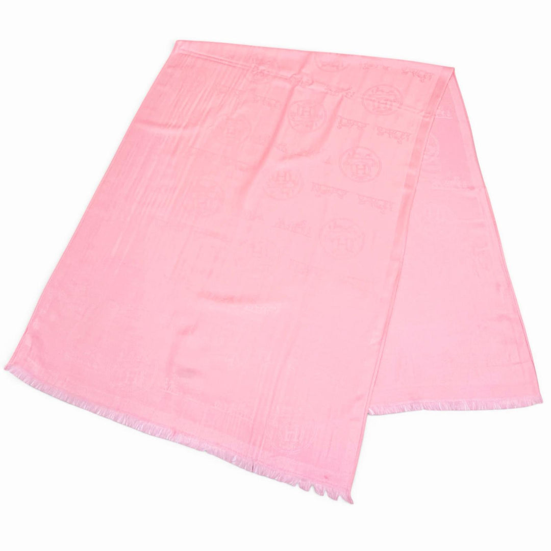 Excellent HERMES shawl Logo design, mini fringe, cashmere, silk, stole, pink