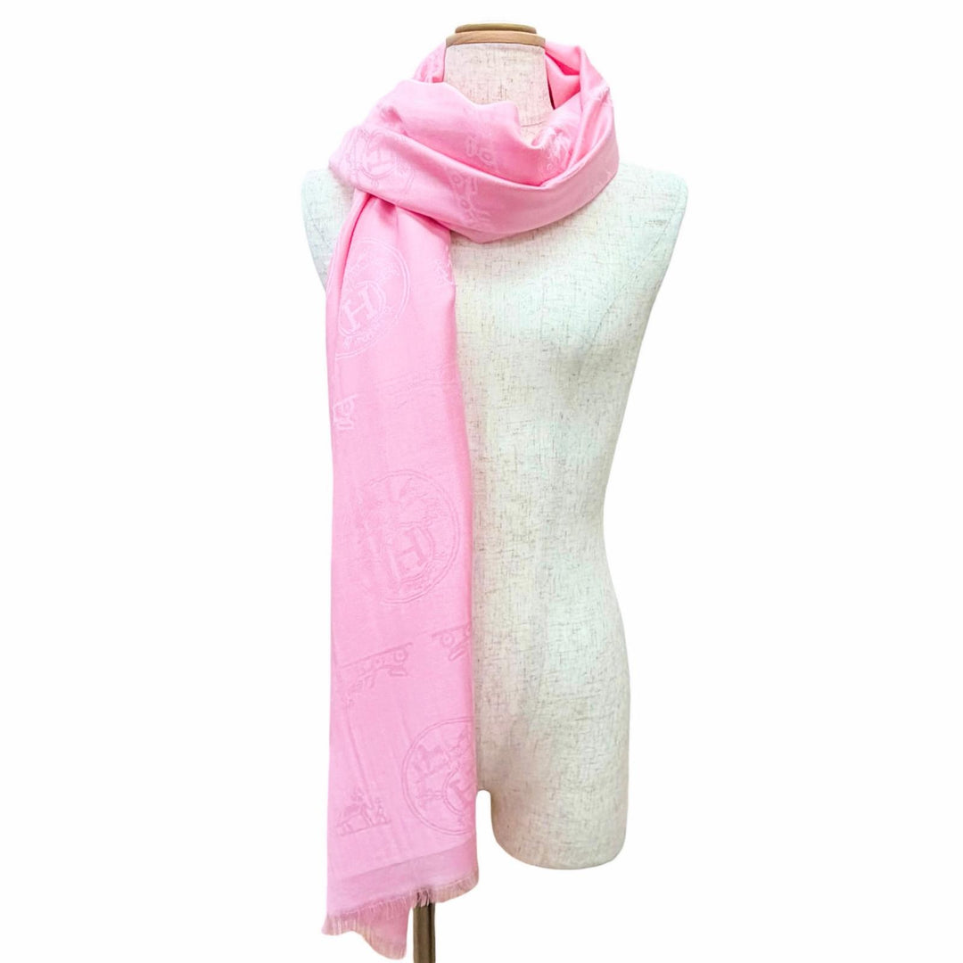Excellent HERMES shawl Logo design, mini fringe, cashmere, silk, stole, pink