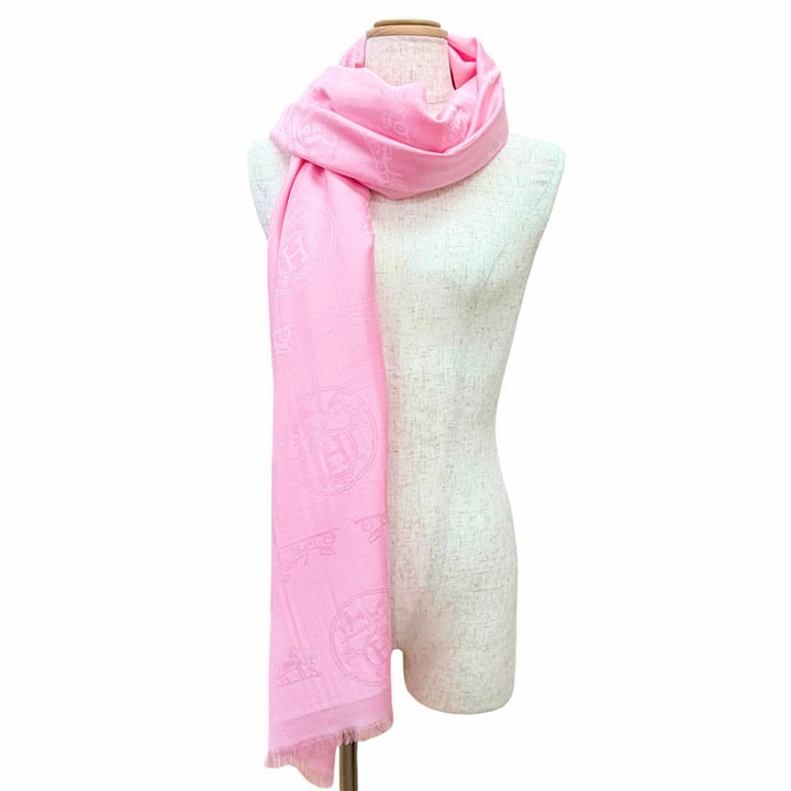 Excellent HERMES shawl Logo design, mini fringe, cashmere, silk, stole, pink