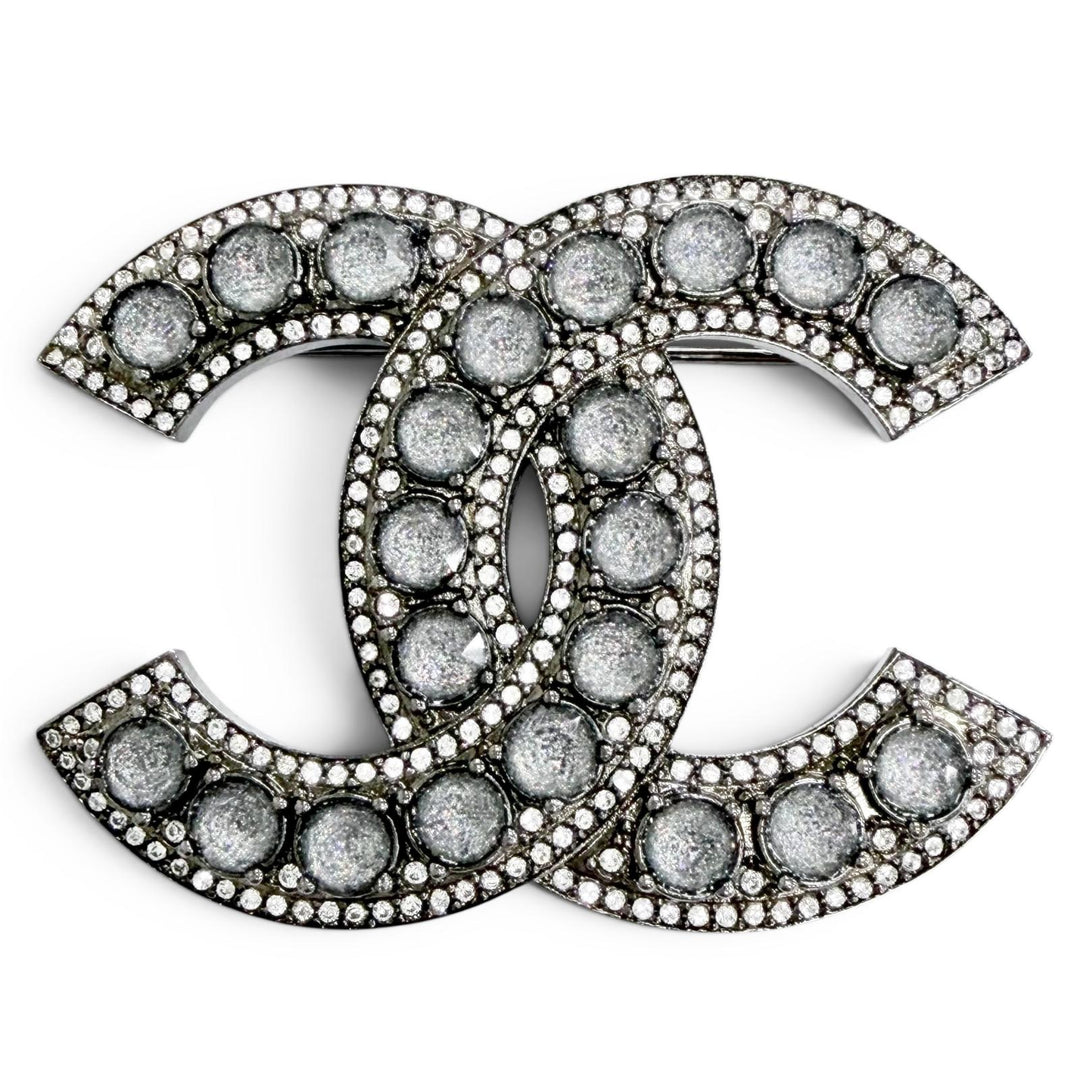 Excellent CHANEL Brooch COCO Mark Rhinestone Gunmetal Silver Women C23B