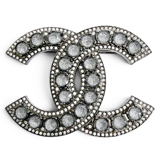 Excellent CHANEL Brooch COCO Mark Rhinestone Gunmetal Silver Women C23B