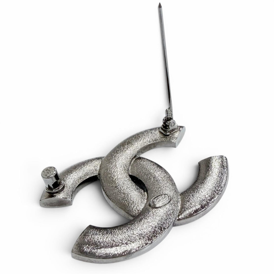 Excellent CHANEL Brooch COCO Mark Rhinestone Gunmetal Silver Women C23B