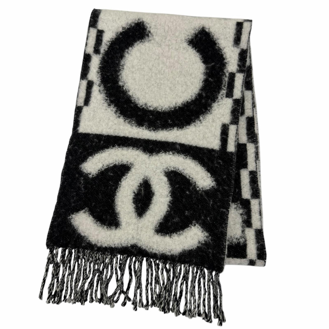 Great CHANEL Scarf COCO Mark Logo Design Fringe black cashmere Women AAA478