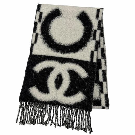 Great CHANEL Scarf COCO Mark Logo Design Fringe black cashmere Women AAA478