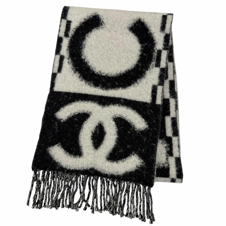 Great CHANEL Scarf COCO Mark Logo Design Fringe black cashmere Women AAA478