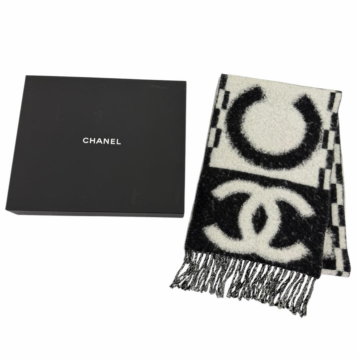 Great CHANEL Scarf COCO Mark Logo Design Fringe black cashmere Women AAA478