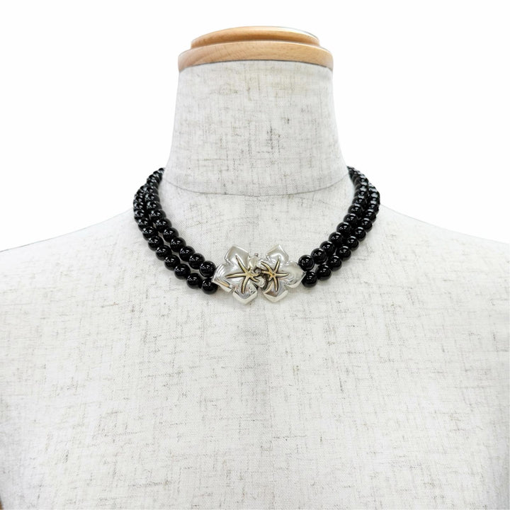 Great TIFFANY&Co. Starfish motif clasp double strand onyx necklace 925 Women