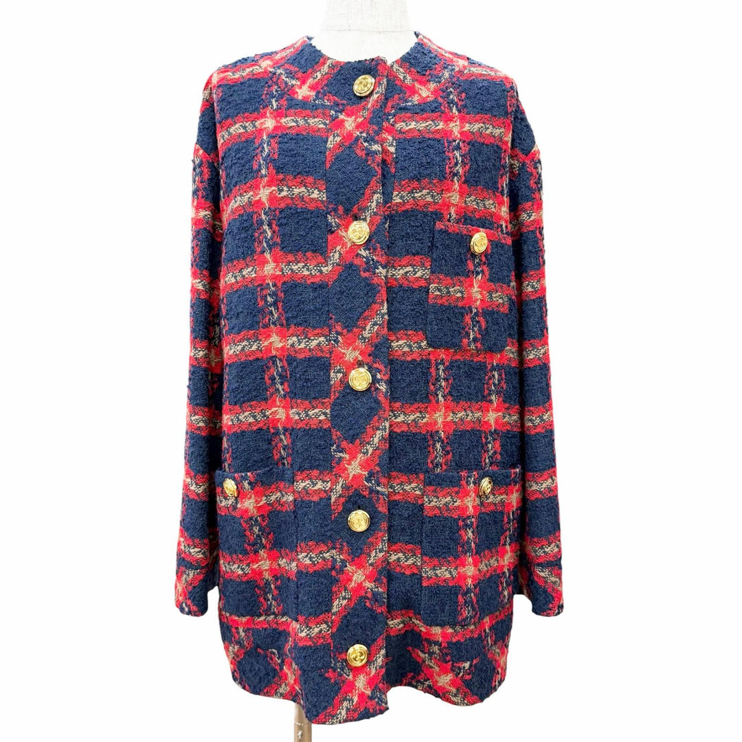 Excellent GUCCI GG logo button, check pattern, collarless tweed jacket 42 674336
