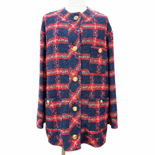 Excellent GUCCI GG logo button, check pattern, collarless tweed jacket 42 674336