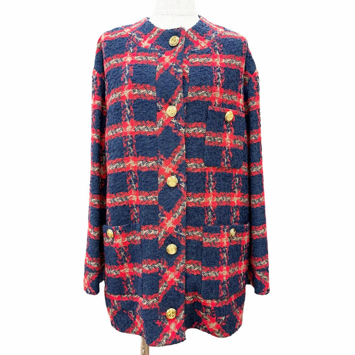 Excellent GUCCI GG logo button, check pattern, collarless tweed jacket 42 674336
