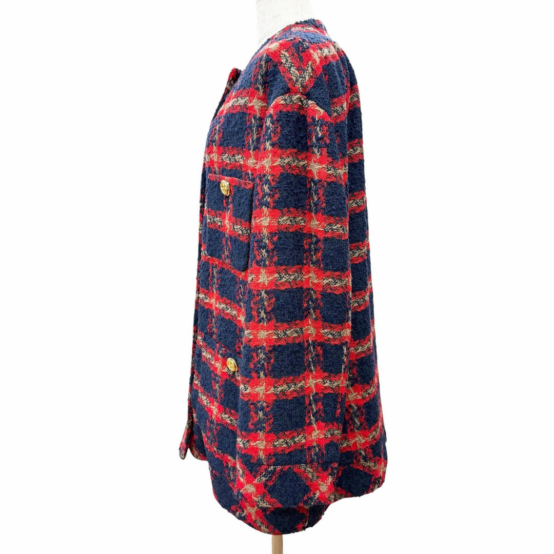 Excellent GUCCI GG logo button, check pattern, collarless tweed jacket 42 674336