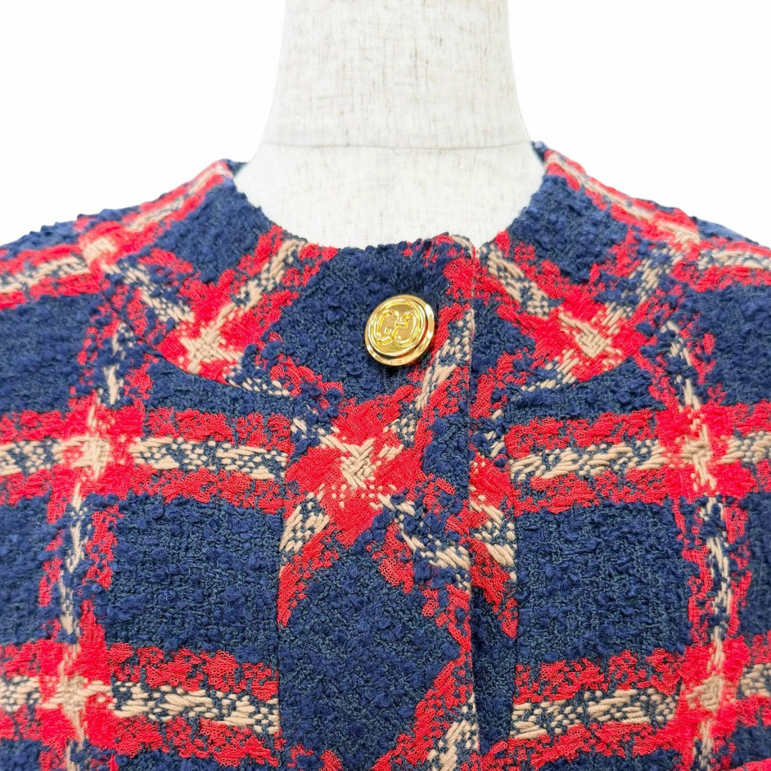 Excellent GUCCI GG logo button, check pattern, collarless tweed jacket 42 674336