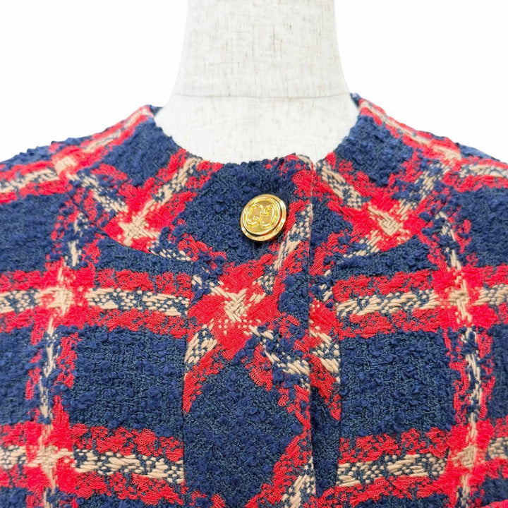 Excellent GUCCI GG logo button, check pattern, collarless tweed jacket 42 674336