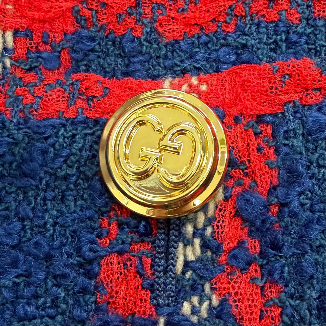 Excellent GUCCI GG logo button, check pattern, collarless tweed jacket 42 674336