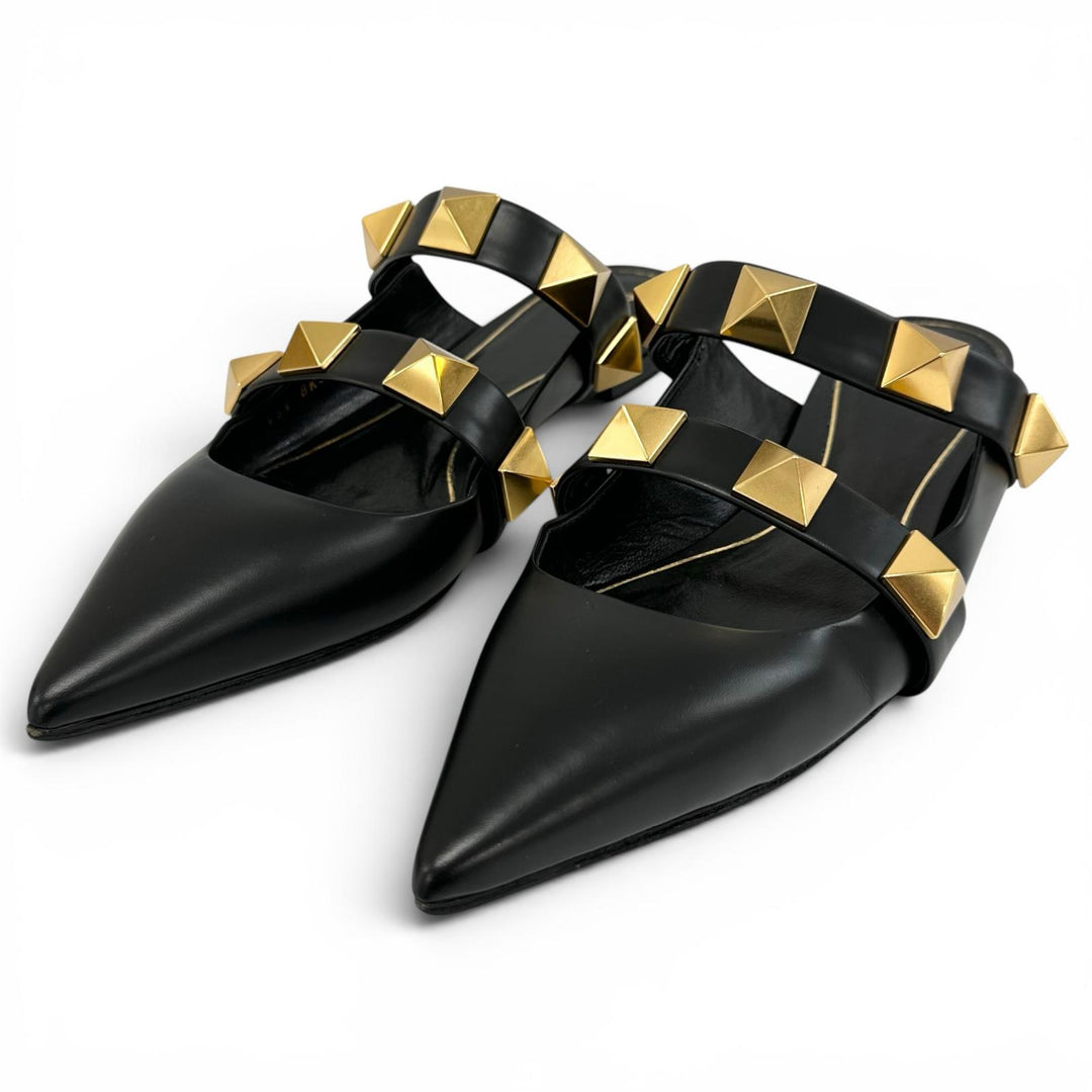 Great Valentino Garavani Sandals Rockstud flat shoes black leather Women 38.5