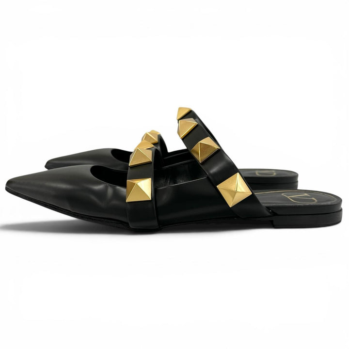 Great Valentino Garavani Sandals Rockstud flat shoes black leather Women 38.5