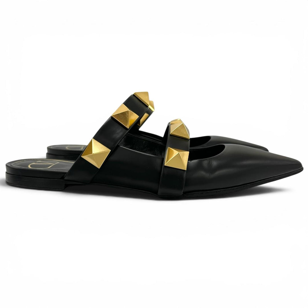 Great Valentino Garavani Sandals Rockstud flat shoes black leather Women 38.5