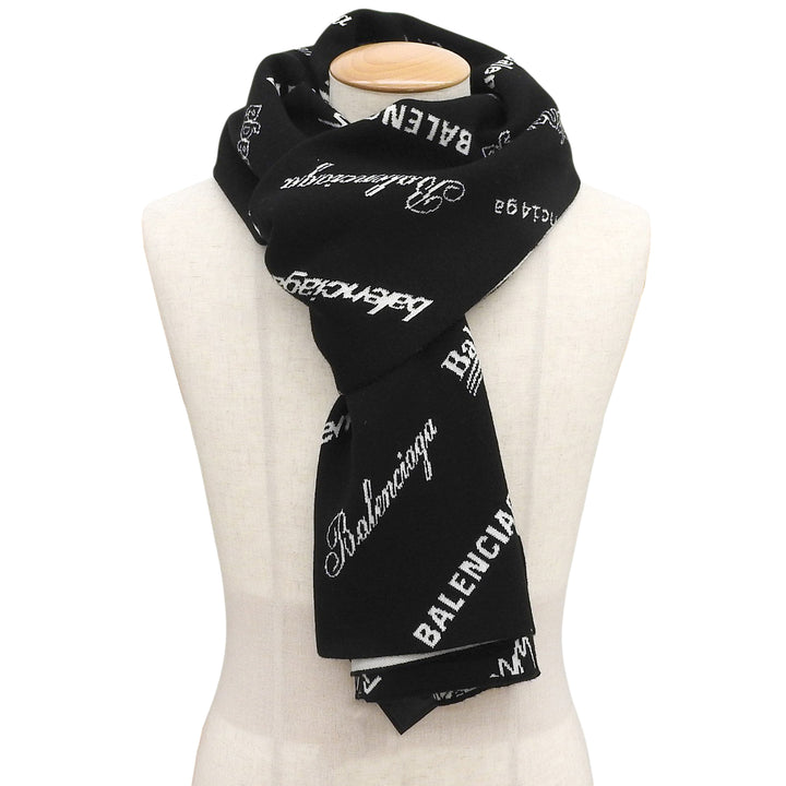 Pristine BALENCIAGA Scarf LOGOMANIA ALL OVER knit black wool mens 724701