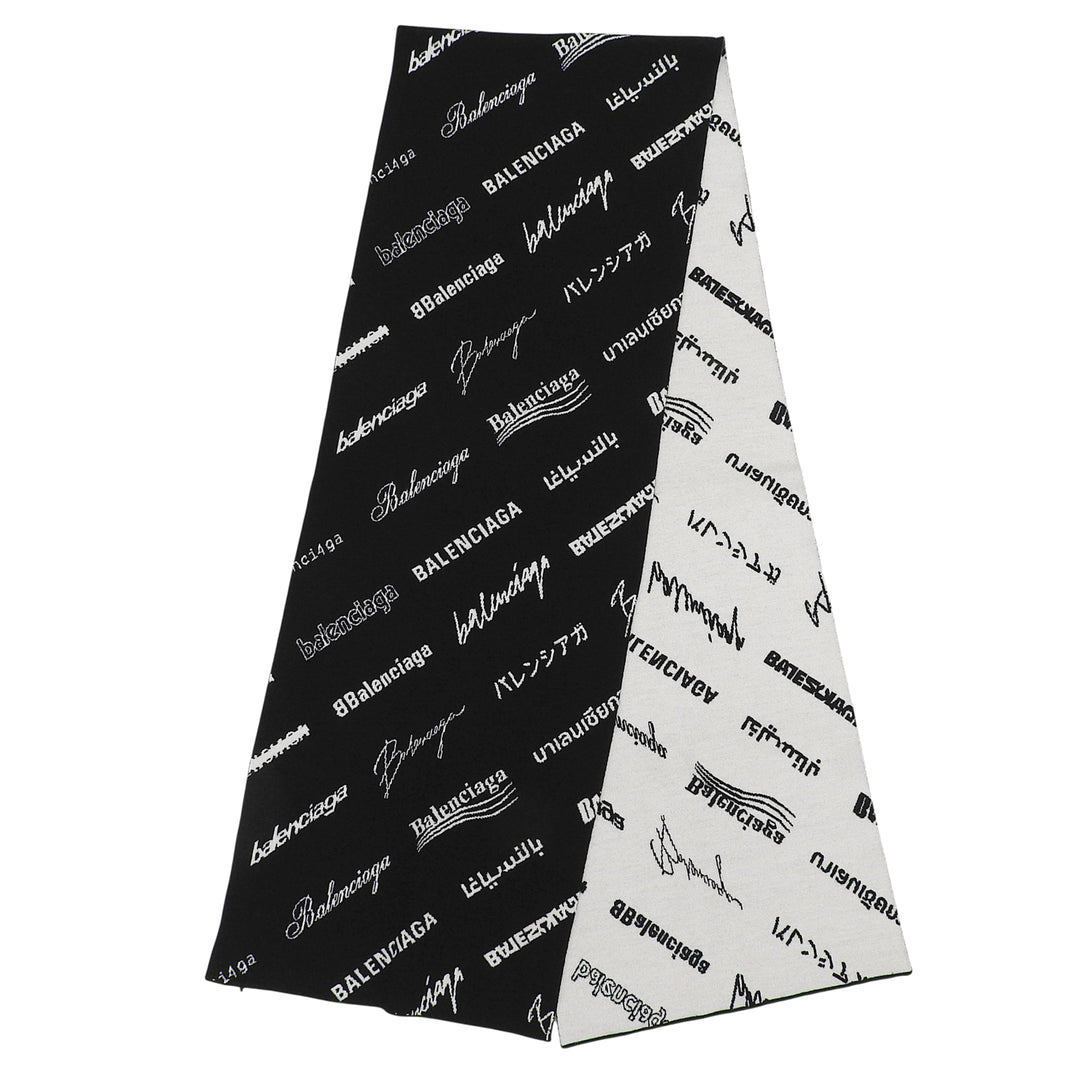 Pristine BALENCIAGA Scarf LOGOMANIA ALL OVER knit black wool mens 724701