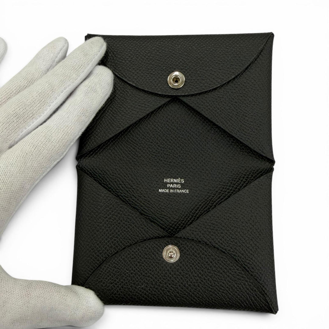 Pristine HERMES Card Case Calvi Pass case black Epsom Leather Women