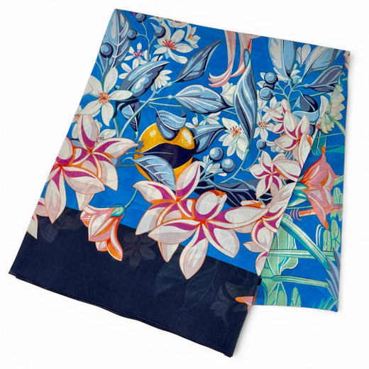 Excellent HERMES scarf Pareo FLAMINGO PARTY Large format shawl stall blue cotton