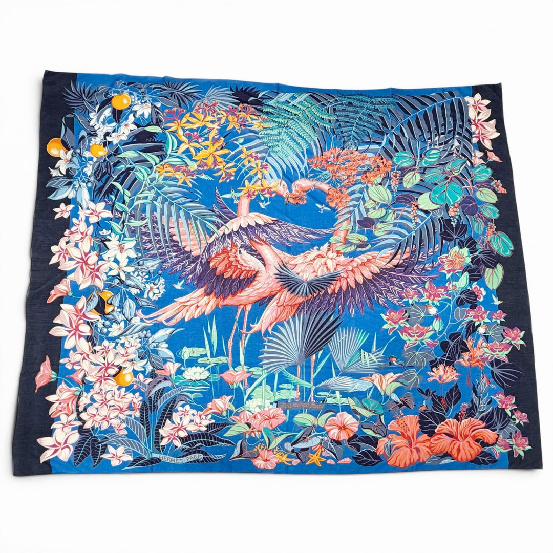 Excellent HERMES scarf Pareo FLAMINGO PARTY Large format shawl stall blue cotton