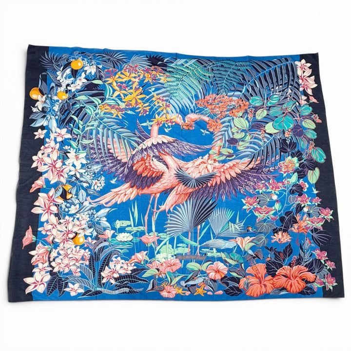 Excellent HERMES scarf Pareo FLAMINGO PARTY Large format shawl stall blue cotton